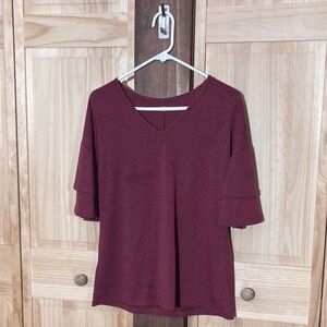 Elegant Burgundy V-Neck Mid-Sleeve Top